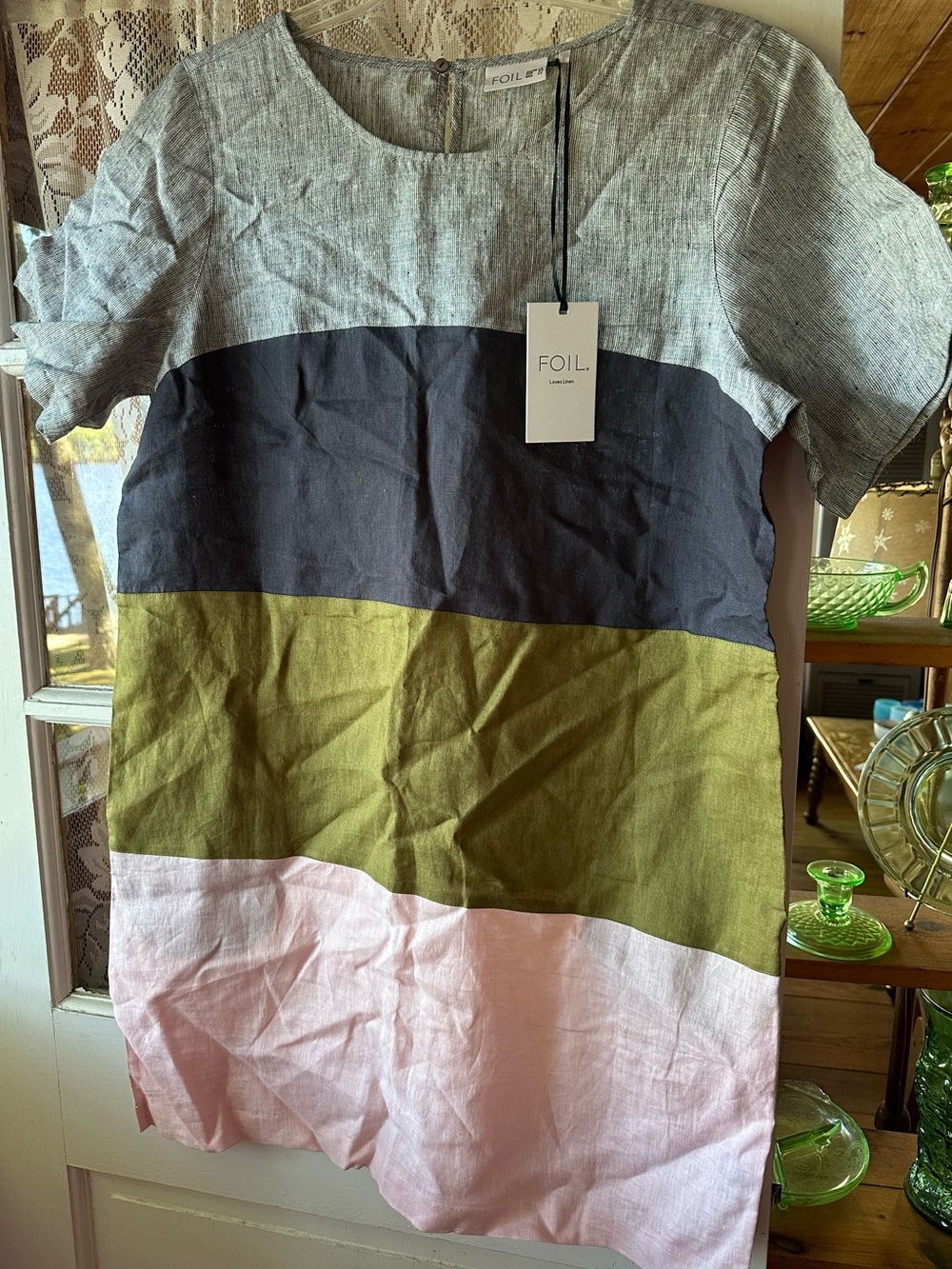 Colorblock Linen Short-sleeve dress Top - Gray, Black, Olive, Pink